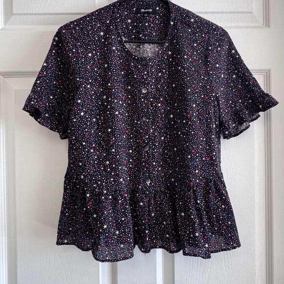 Madewell Top Womens Small Star Print Peplum Ruffle Hem Button Blouse - Picture 1 of 8